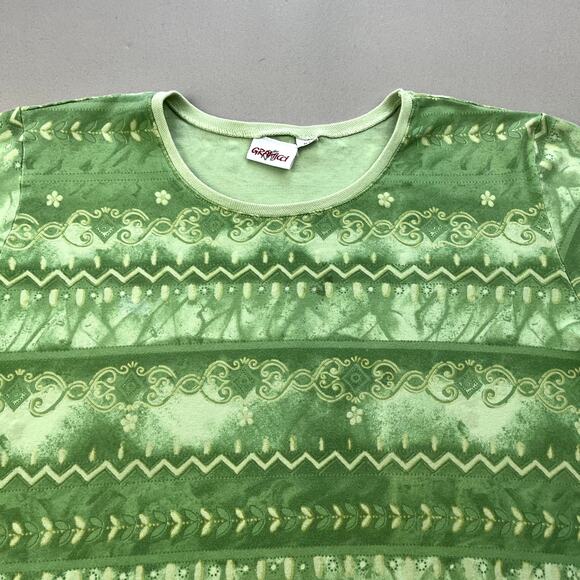 Vintage Gramicci T-Shirt Women XL Green Nature Floral Paisley Pattern Hiking 90s - Picture 2 of 9